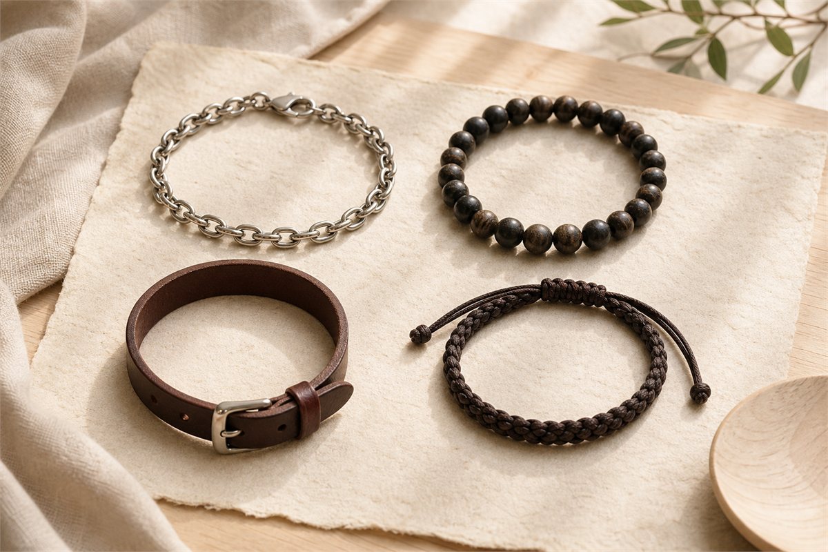 Silver-tone chain, dark bead, brown leather and braided cord men’s bracelets