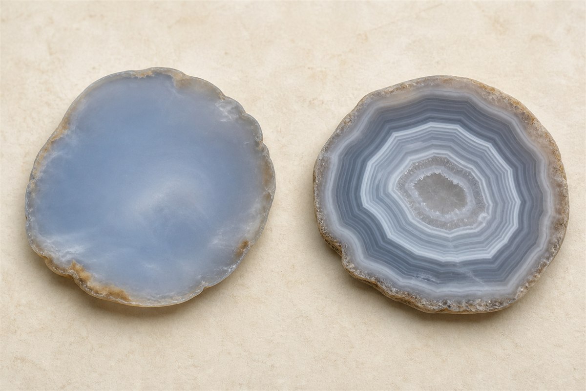 Plain pale blue chalcedony slice beside a gray and white banded agate slice