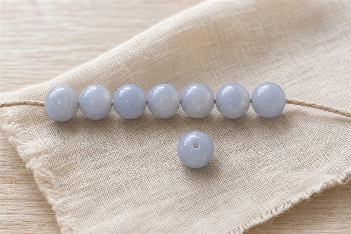 Seven pale blue chalcedony beads on cord beside one loose drilled bead