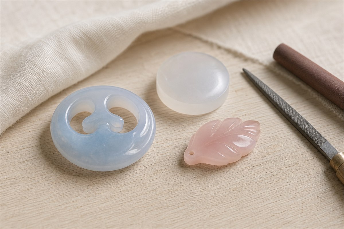 Blue openwork chalcedony carving, pink leaf carving, and unfinished cabochon beside hand tools