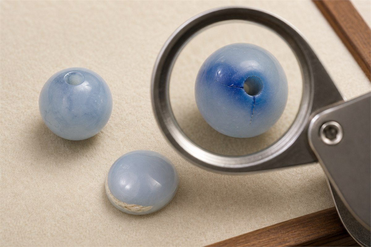 Loupe examining blue chalcedony beads with color concentrated near a fracture and drill hole