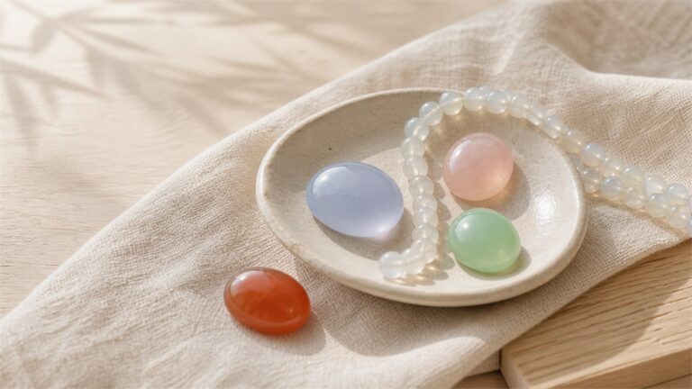 Blue, white, pink, green, and carnelian chalcedony stones arranged on ivory linen