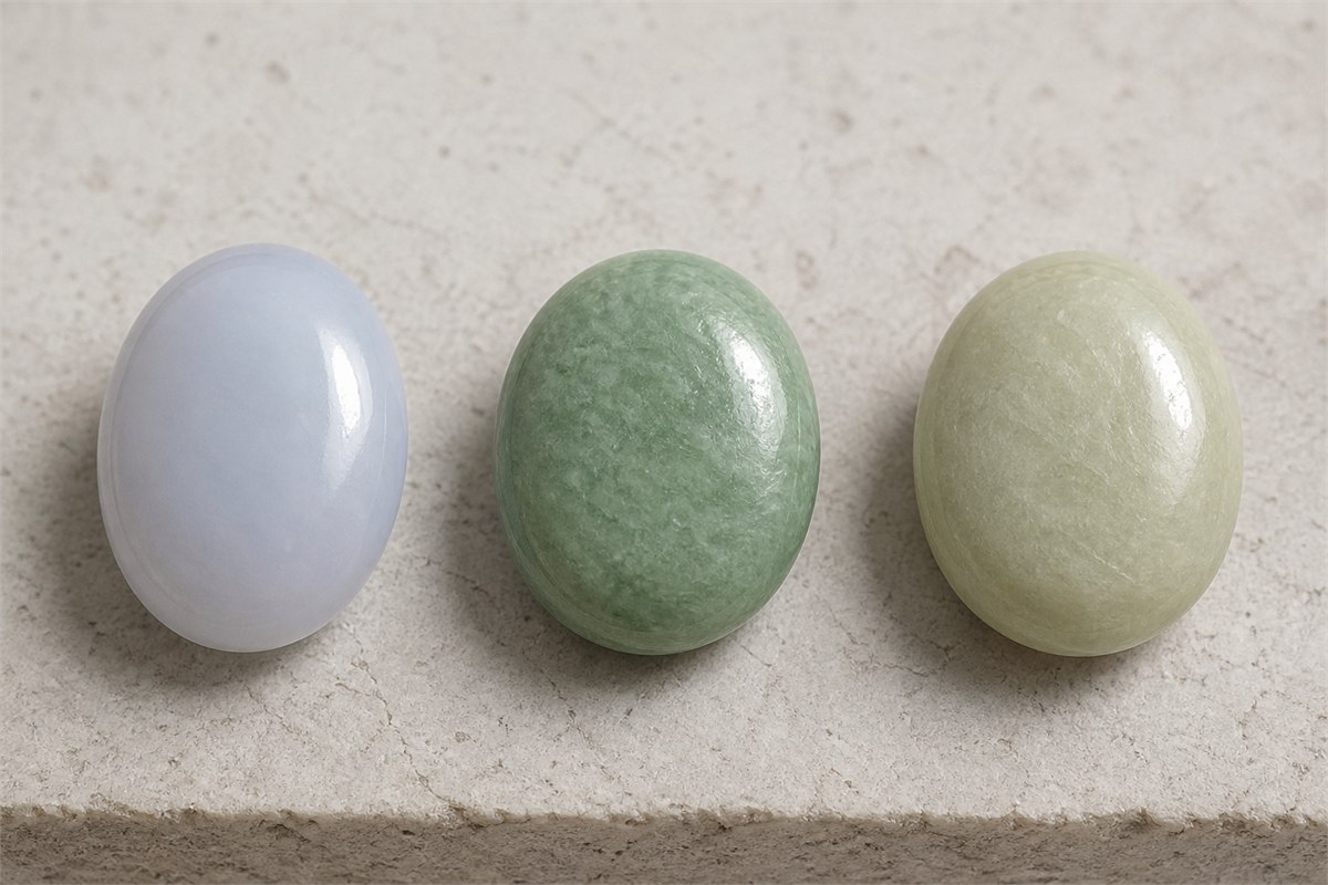 Pale blue chalcedony, green jadeite, and creamy nephrite polished specimens