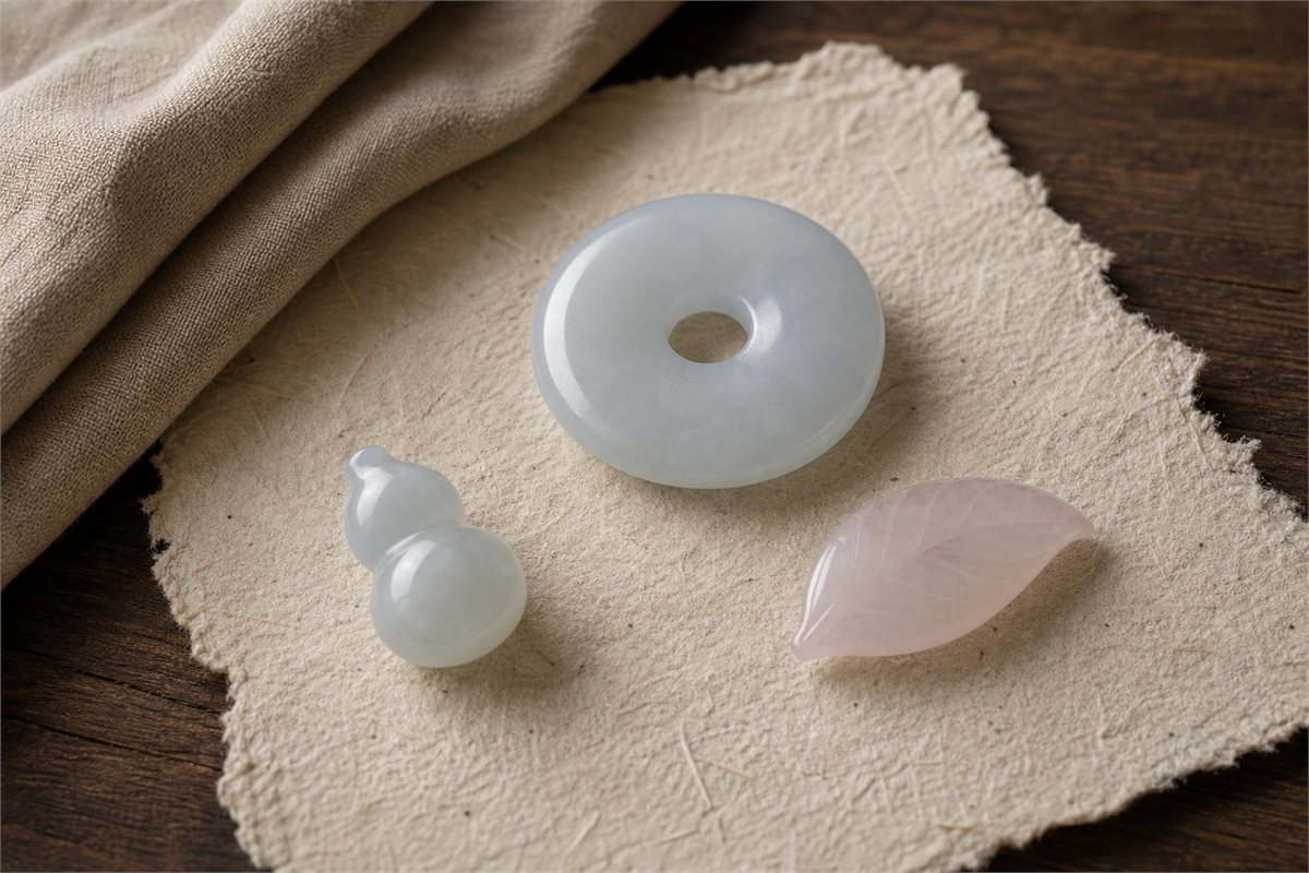 Blue chalcedony peace buckle, white gourd, and pink leaf carvings on handmade paper