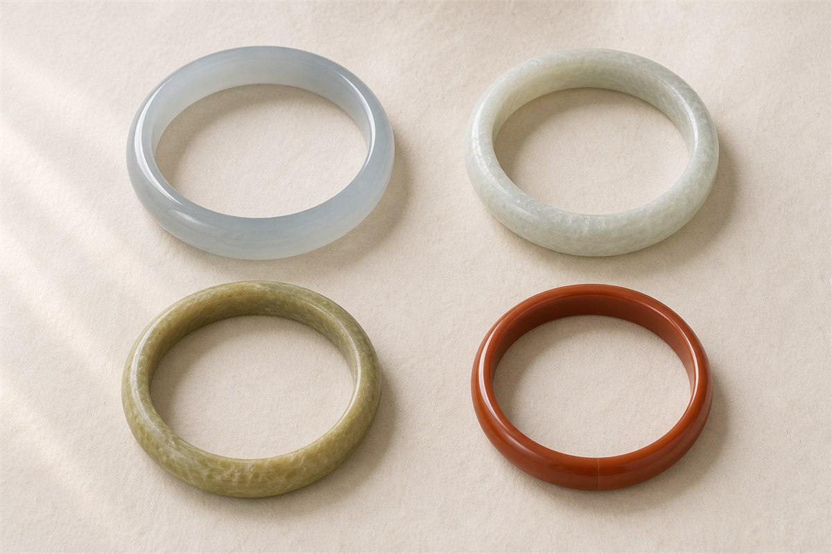 Chalcedony, quartzite, serpentine, and imitation glass bangles arranged separately.