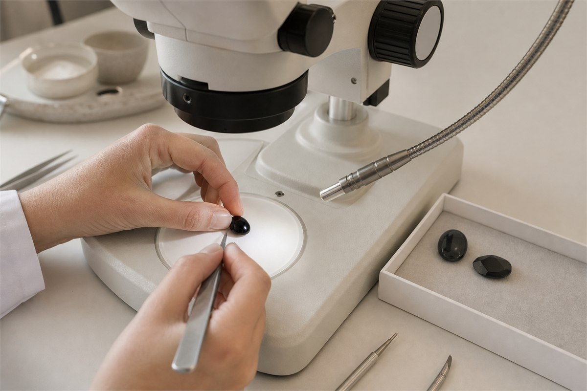 Gemologist examining a black chalcedony sample under a microscope beside untreated reference stones