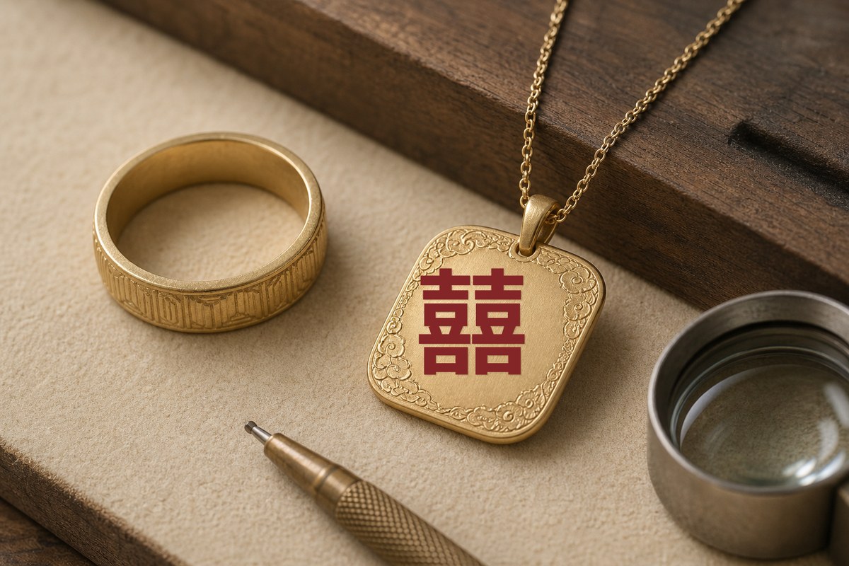 Matte-gold Double Happiness pendant, broad engraved ring, chasing tool, and jeweler's loupe
