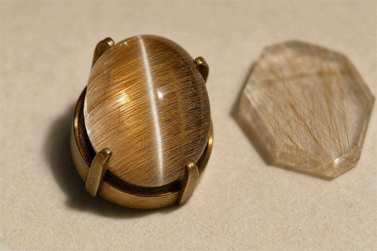 Domed quartz cabochon with parallel golden inclusions and a narrow cat’s-eye light band beside a flat quartz slice
