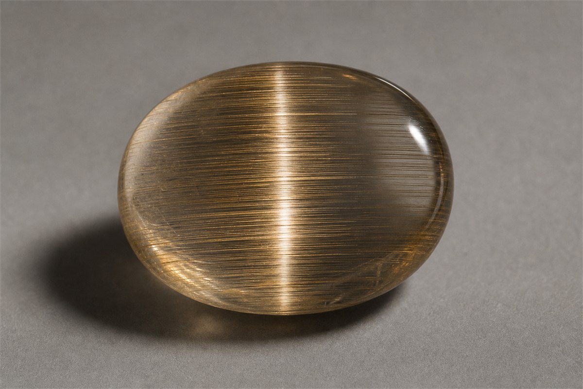 Domed rutilated quartz cabochon with parallel inclusions and a narrow cat’s-eye light band