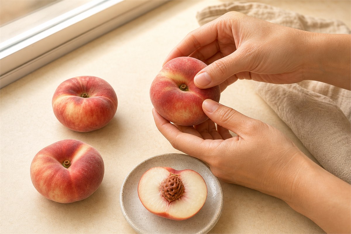 Adult hands gently checking a fuzzy flat peach beside sound fruit and a white-fleshed cut half on a ceramic plate