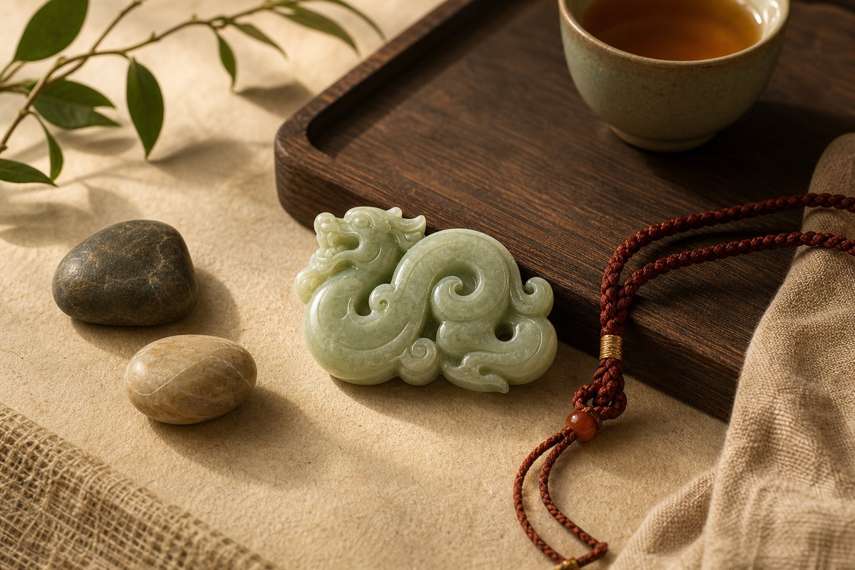Chilong (螭龙) jade carving with coiling body, red-brown cord, stones, and warm parchment still-life