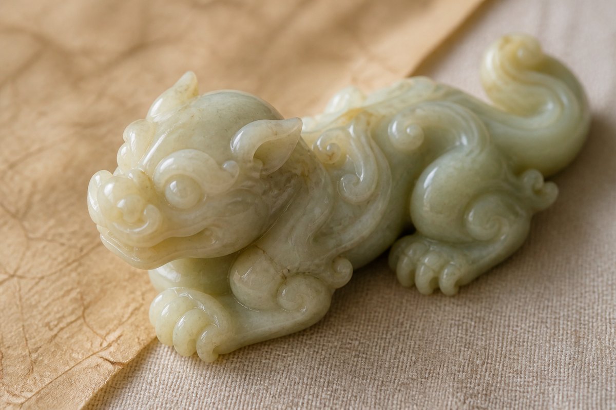 Close detail of a hornless Chilong (螭龙) jade carving with rounded beast head, coiling body, and curled tail