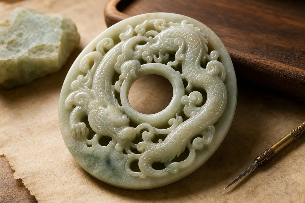 Chilong (螭龙) coiling around a jade bi with relief depth and openwork edge carving