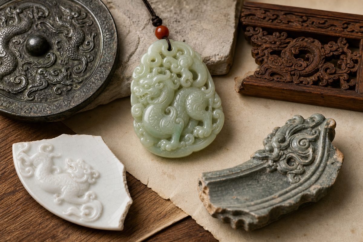 Chilong (螭龙) motif shown through jade, bronze, carved wood, porcelain, and roof guardian materials