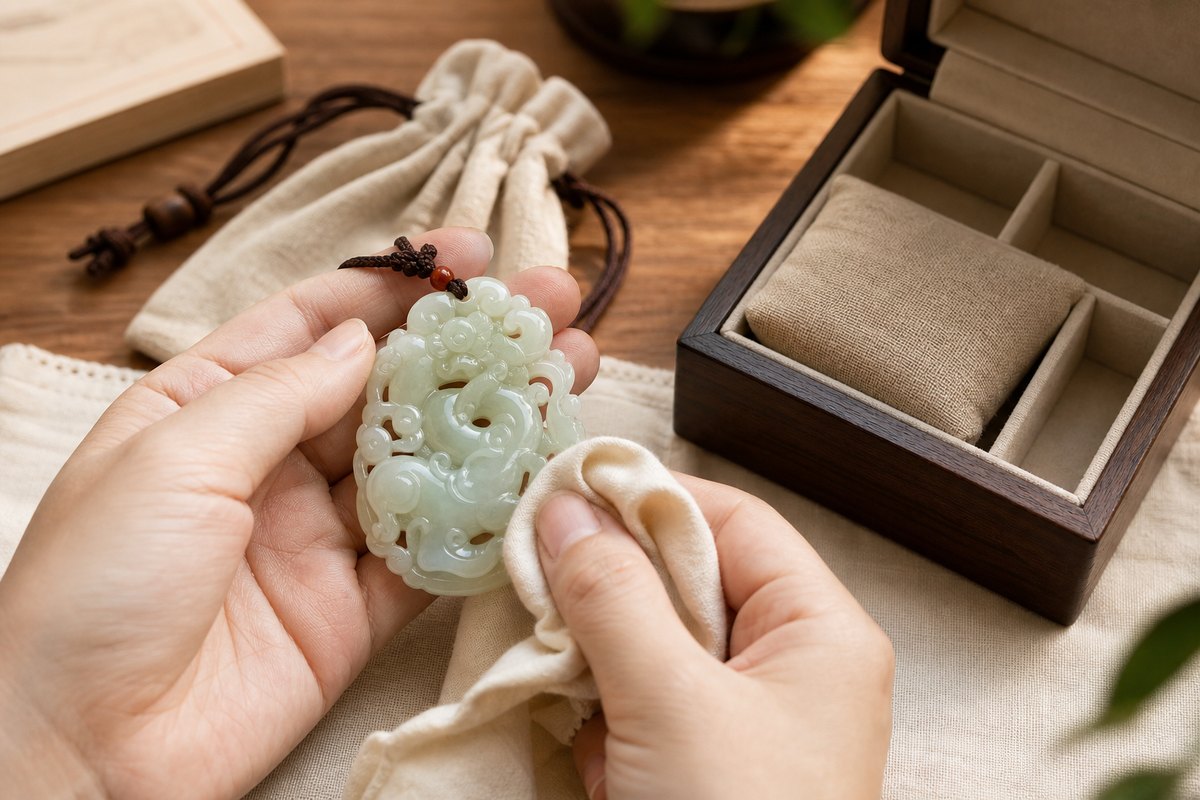 Chilong (螭龙) jade pendant being wiped with soft cloth beside a pouch and separate storage box