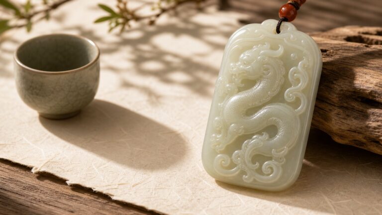 Hornless Chilong (螭龙) jade carving on warm parchment with natural wood and soft daylight