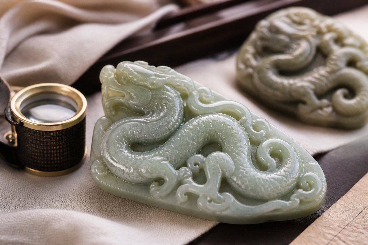 Close inspection of a Chilong (螭龙) jade carving showing line rhythm, polish, relief depth, and curled tail detail