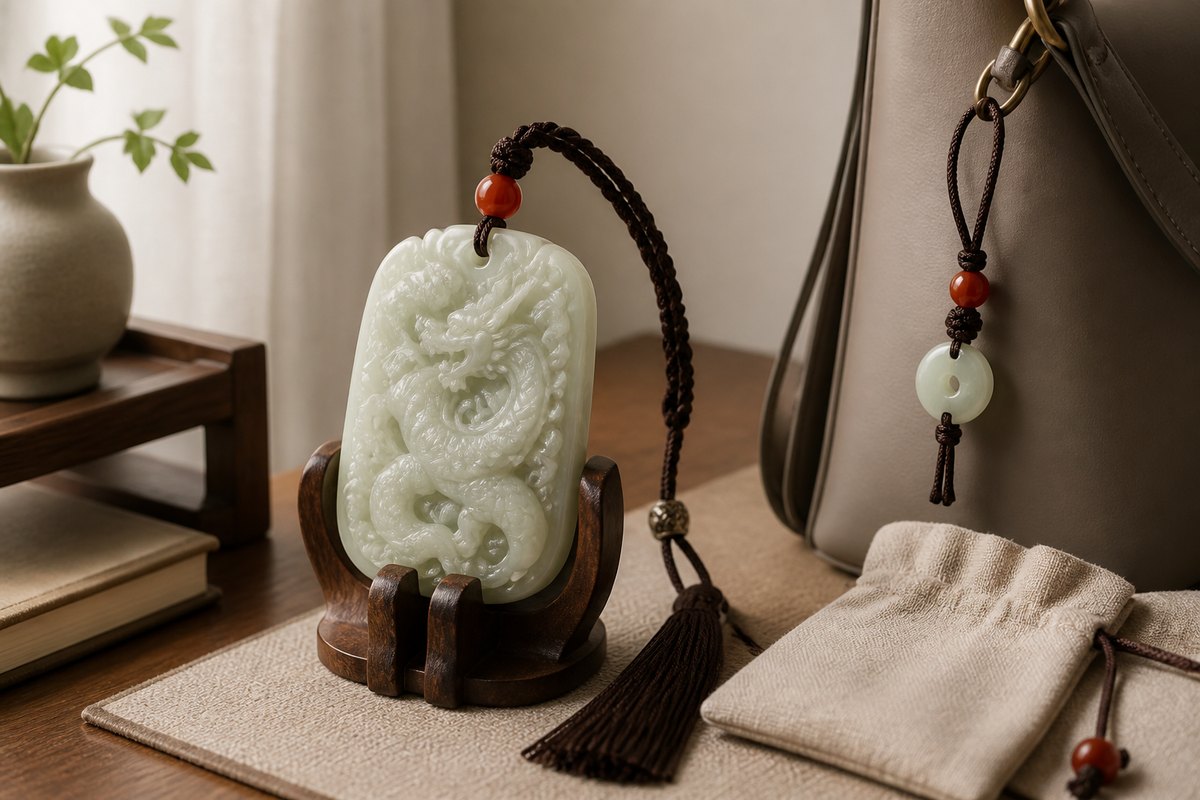 Larger Chilong (螭龙) jade plaque with braided cord shown as a desk object and bag charm setting