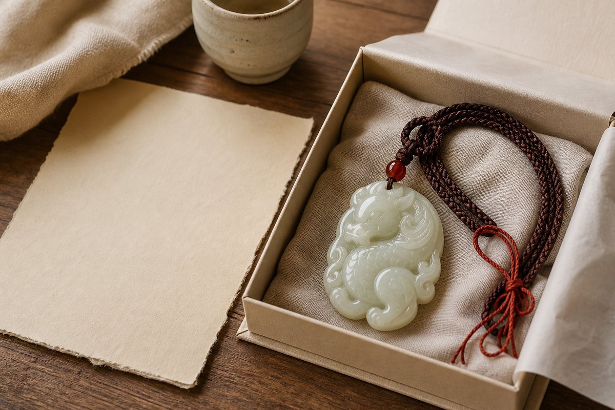 Chilong (螭龙) jade pendant in a neutral paper gift box with braided cord and warm natural light