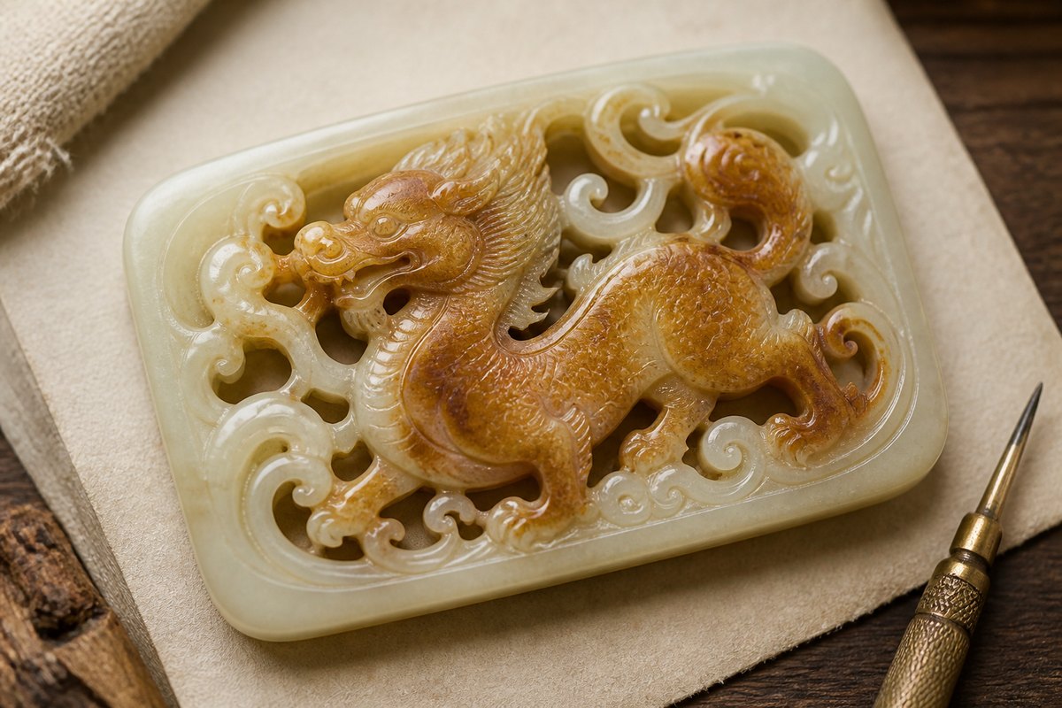 Chilong (螭龙) jade carving with openwork, raised relief, incised lines, and natural skin-color detail