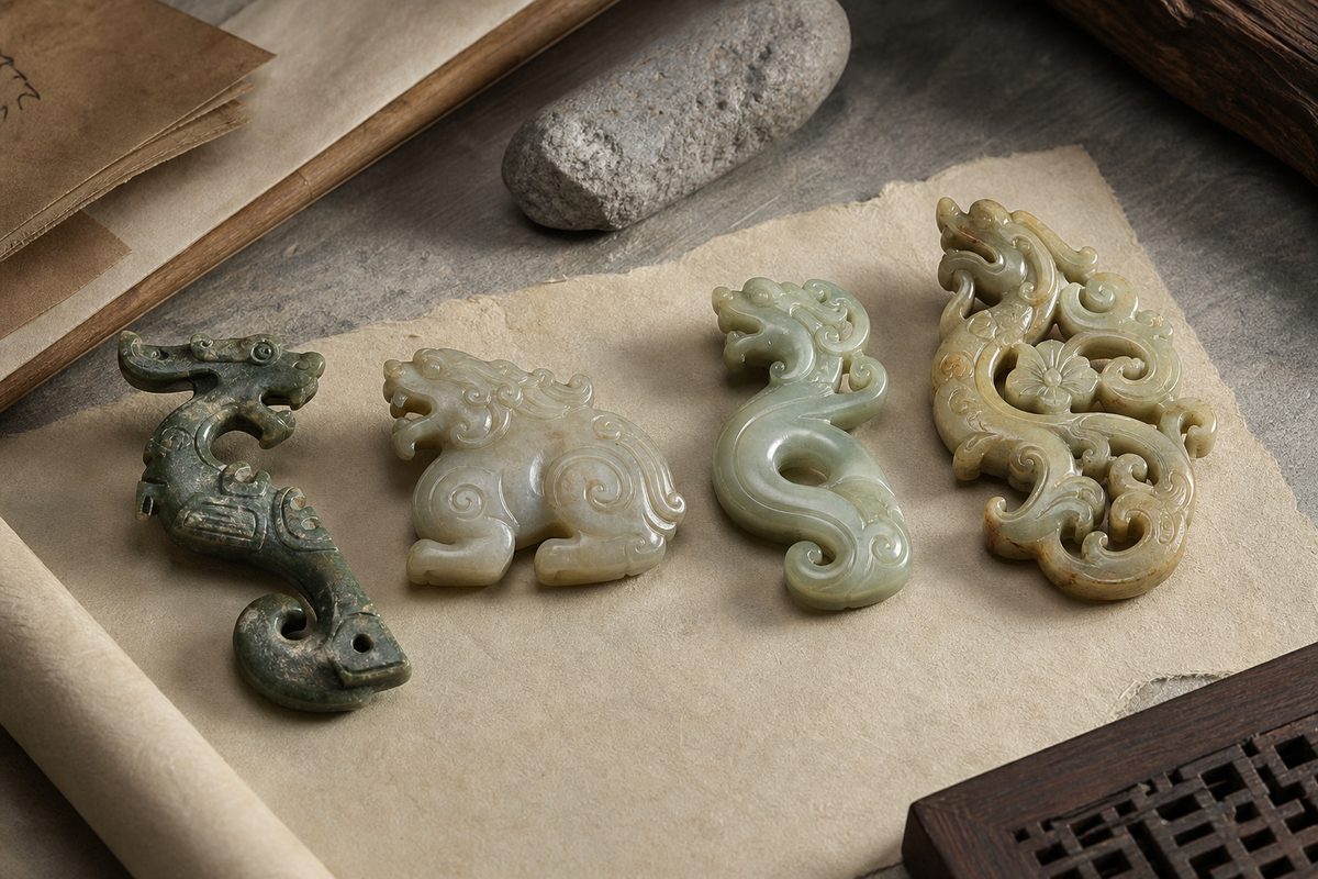Four Chilong (螭龙) jade carvings showing lean, muscular, smooth, and decorative period-inspired styles