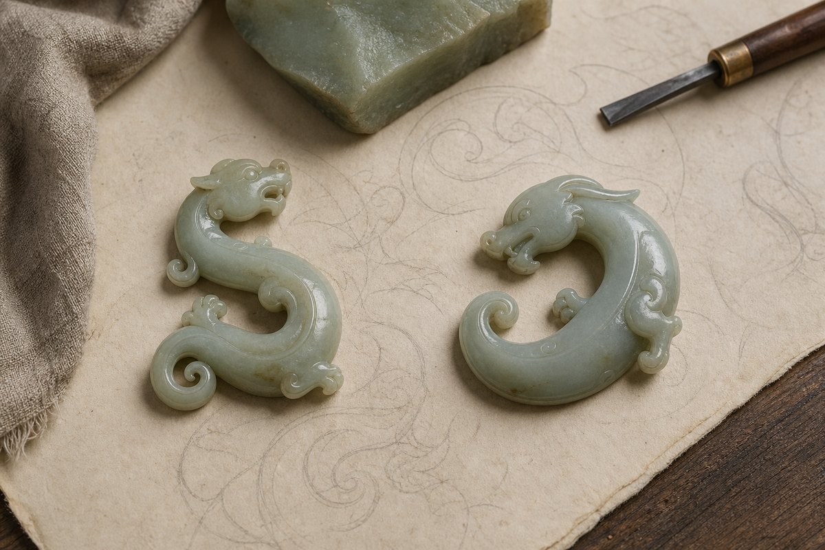 Two Chilong (螭龙) jade carvings showing S-shaped and C-shaped coiling movement
