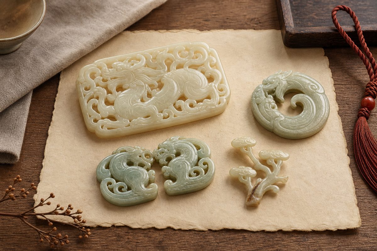 Chilong (螭龙) jade objects showing hornless dragon form, paired motif, and lingzhi gift symbolism