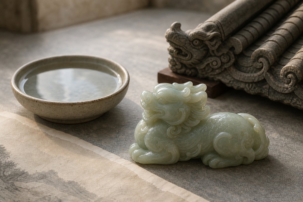 Chilong (螭龙) jade carving with still water and a restrained roof-ridge guardian fragment