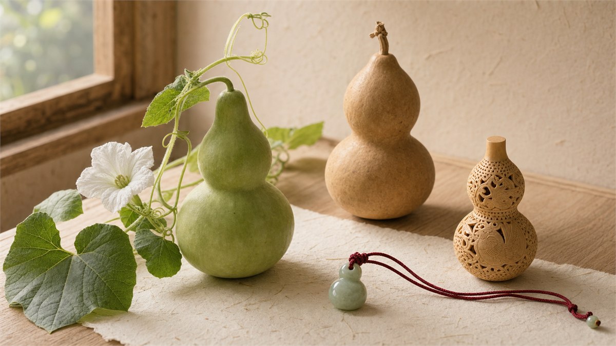 Fresh bottle gourd vine, dried hulu vessel, carved gourd, and jade gourd pendant arranged on a warm neutral table