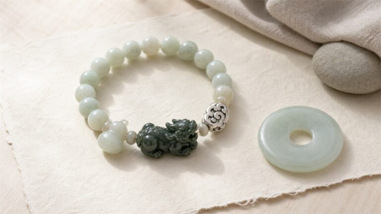 Pale jade bead bracelet with a dark green Pixiu charm, silver cloud bead, gourd charm, and jade peace buckle