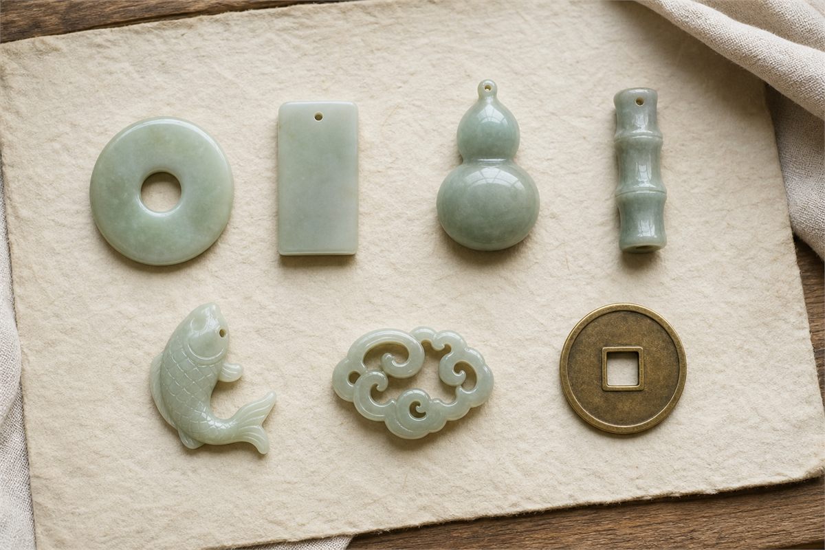 Assorted jade and metal charms shaped as Pixiu, gourd, coin, peace buckle, bamboo, koi, and cloud