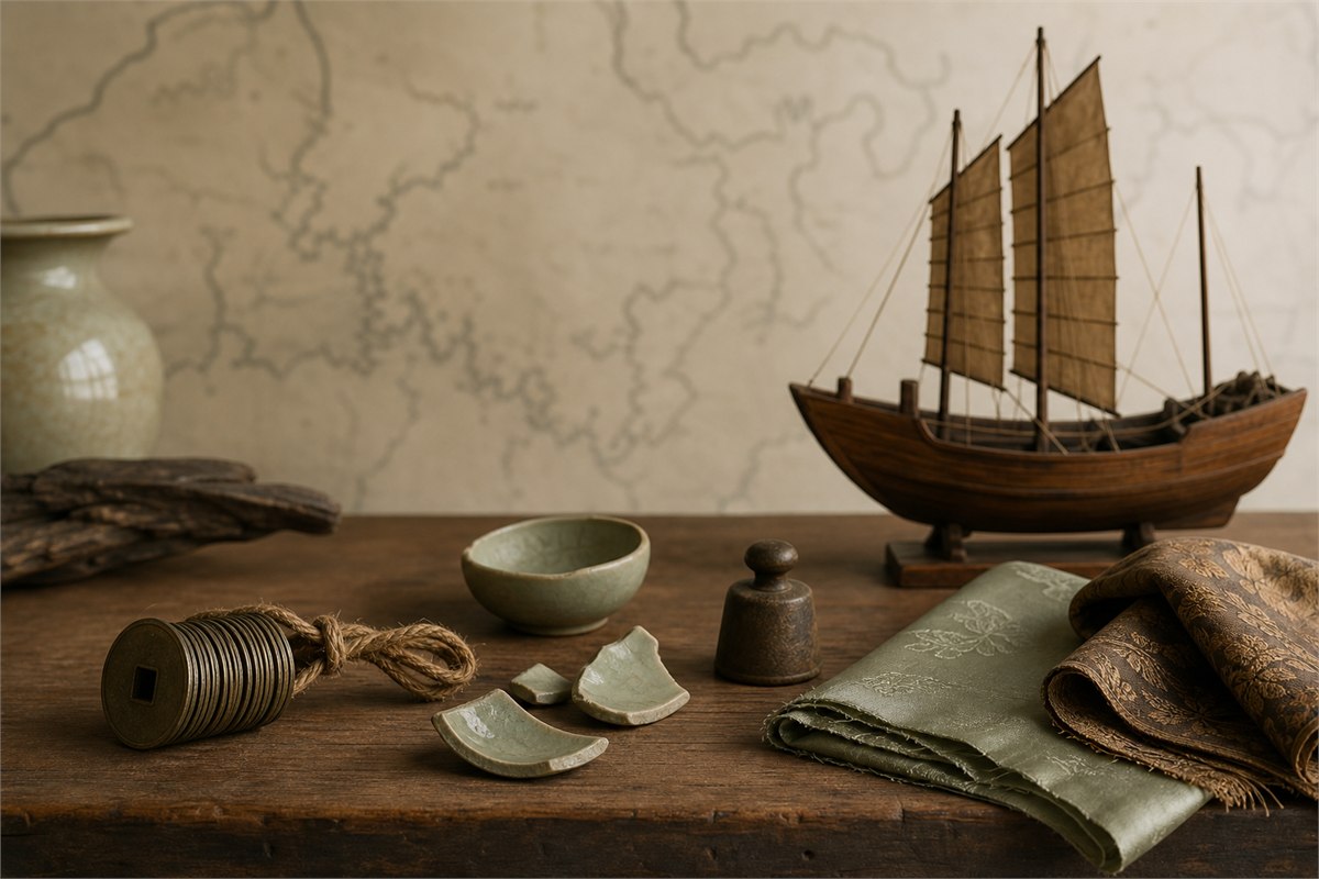 Short string of blank square-holed coin forms beside ceramics, silk, a weight, and ship model