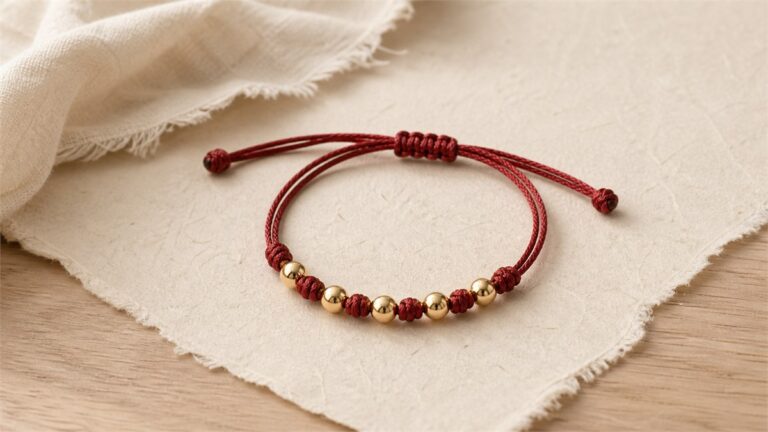 Red cord bracelet with polished yellow-gold luck beads on warm ivory linen