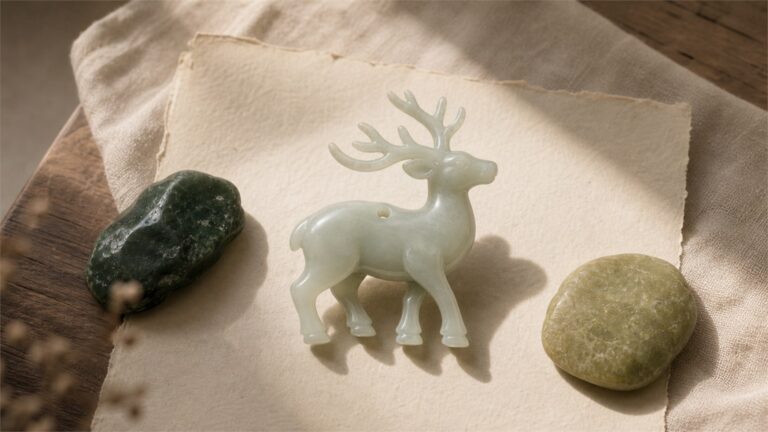 Pale nephrite stag carving with dark green and yellow-green jade samples in warm natural light