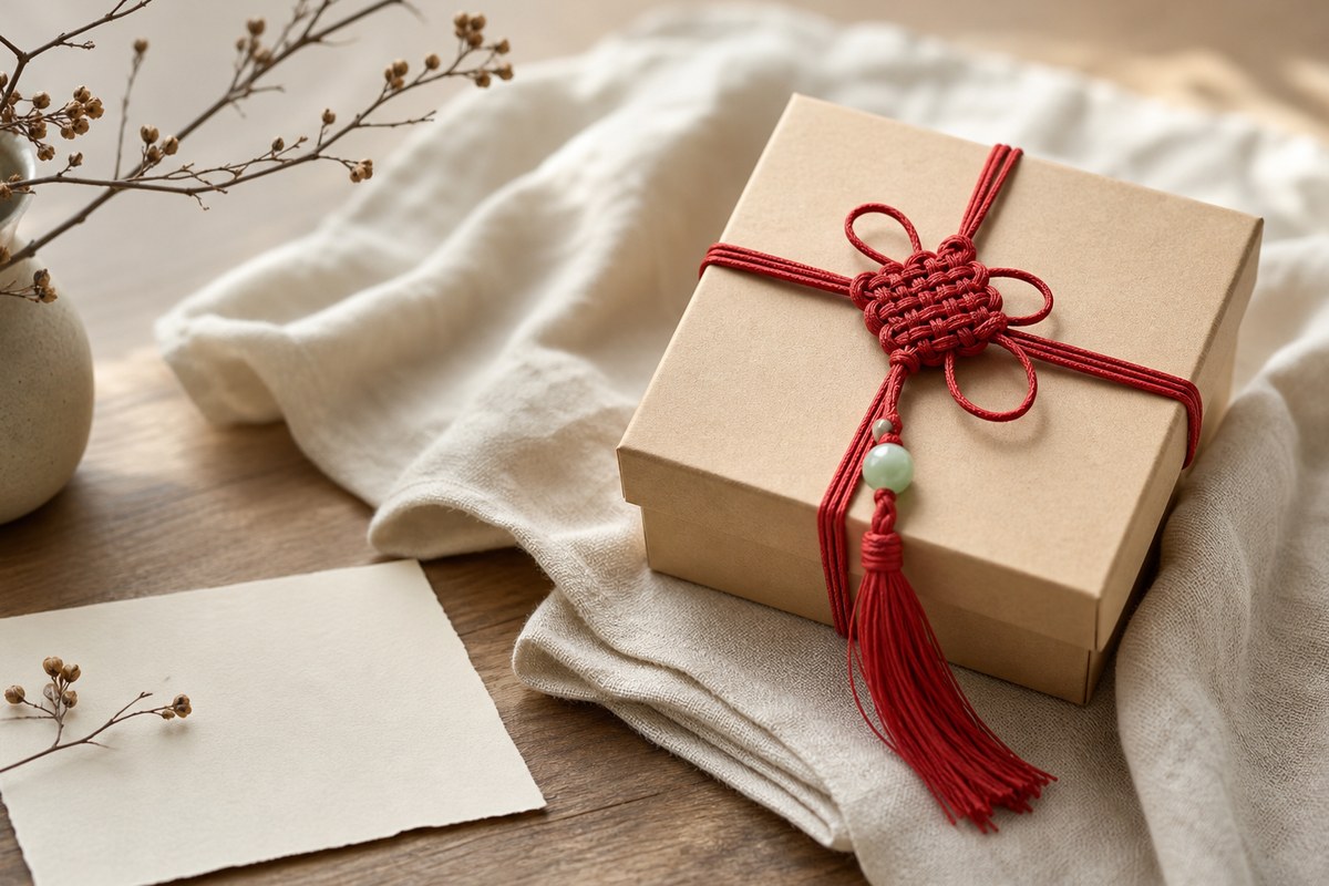 Chinese knot on a small gift box with folded linen and warm paper