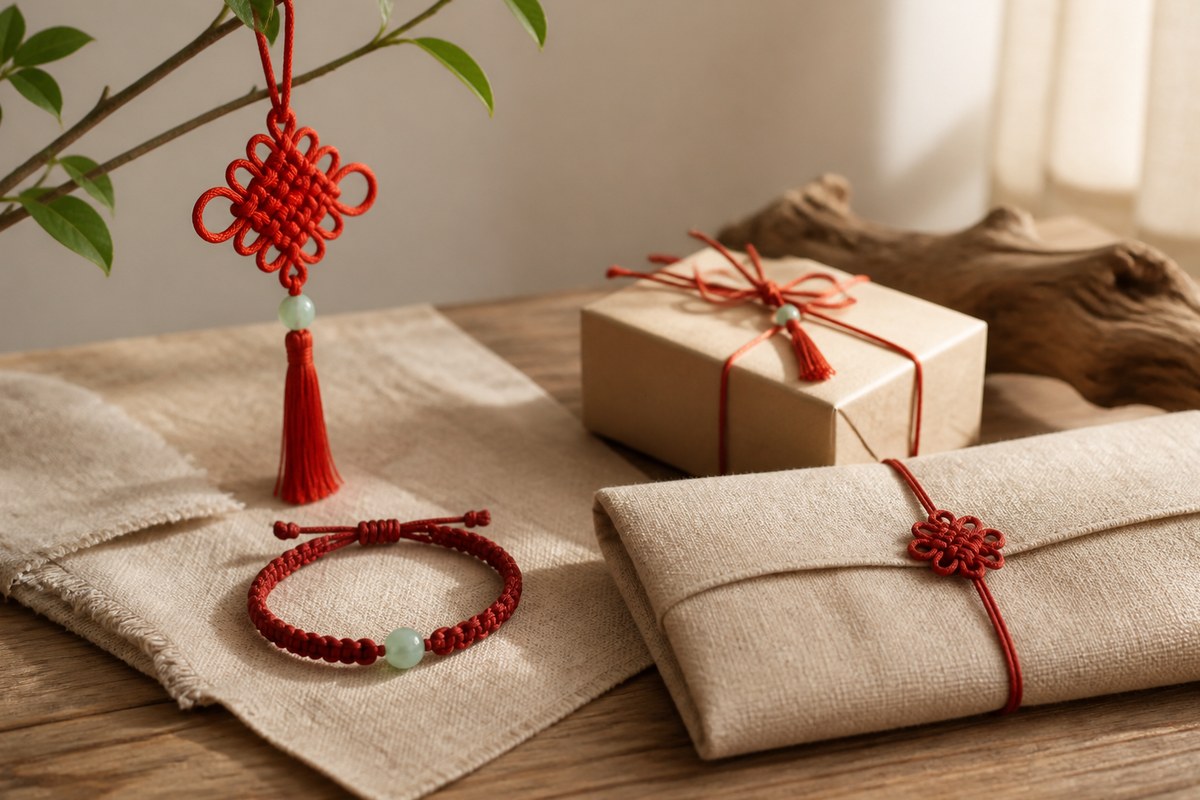 Chinese knot shown with a bracelet, small gift box, and neutral home decor