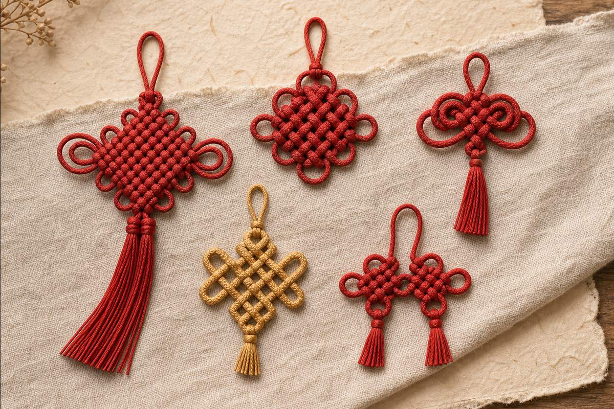 Several different red and gold Chinese knot forms arranged on linen