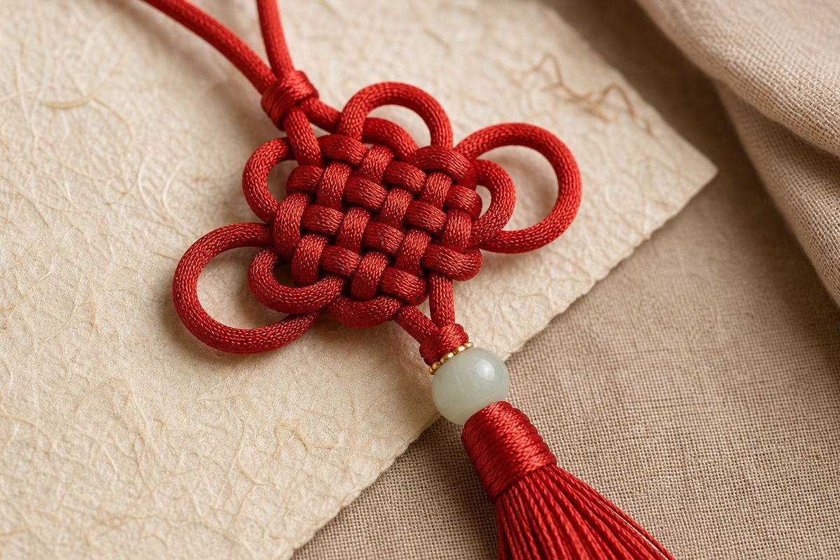 Close detail of even cord tension, clean ends, bead, and tassel on a Chinese knot