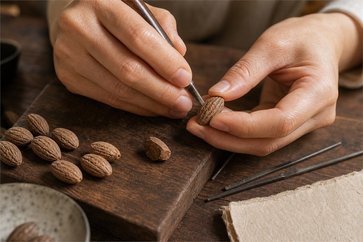 Craftsperson carving a small olive pit by hand at a wooden workbench