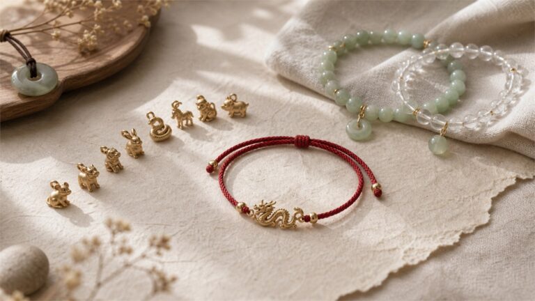 Red cord bracelet with a gold Eastern dragon charm beside jade, crystal, and small zodiac jewelry charms