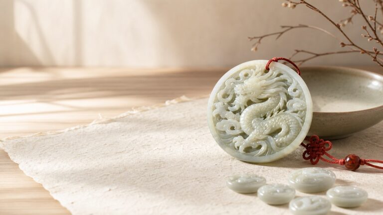 Carved jade Eastern dragon zodiac plaque with red cord and blank stone markers on warm handmade paper