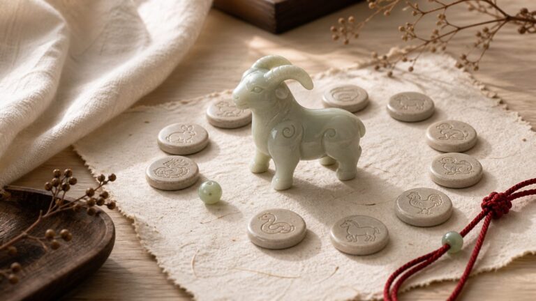 Carved Goat-Sheep zodiac figure with blank cycle tokens, red cord, jade beads, and warm handmade paper