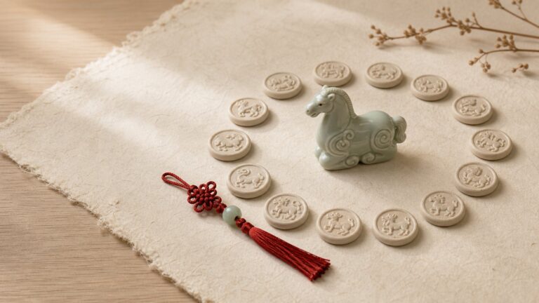 Carved jade Eastern horse zodiac plaque with red cord and blank stone markers on warm handmade paper