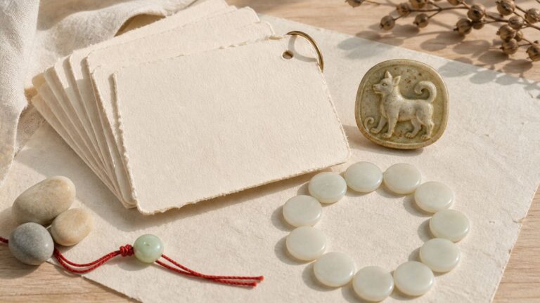 Jade monkey zodiac charm with blank cycle markers, handmade paper, red cord, and pale wood in natural light