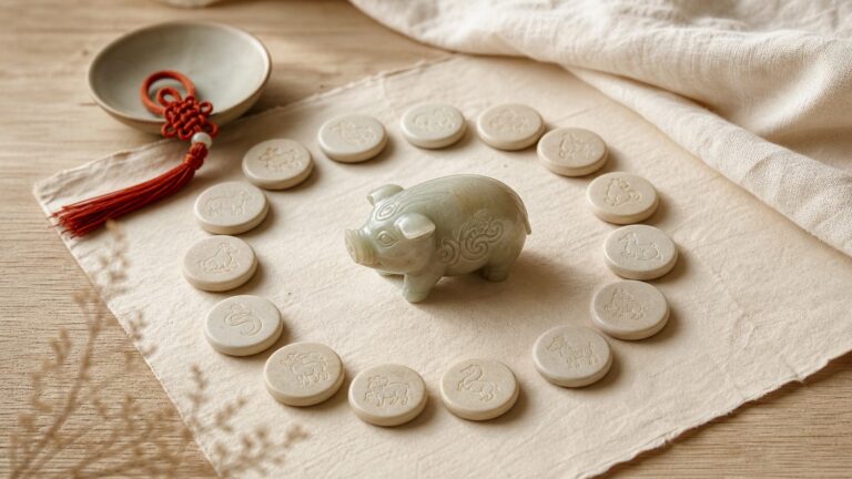 Carved jade Eastern pig zodiac token with blank cycle markers, red cord, handmade paper, and warm wood