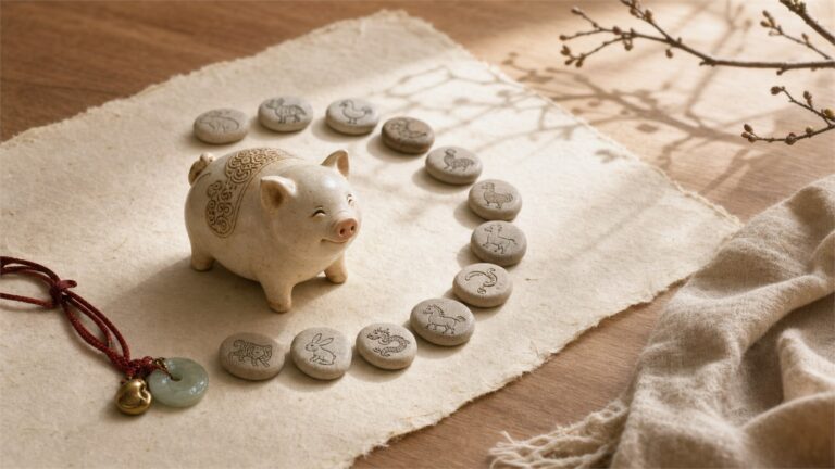 Ceramic Pig figure with a twelve-piece zodiac circle and Pig-themed jewelry on warm neutral cloth