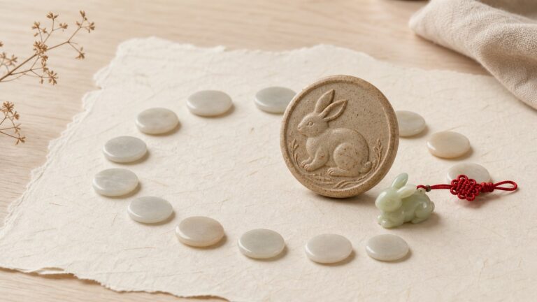 Ceramic rabbit zodiac token with jade rabbit charm, red cord knot, and blank stone zodiac markers on warm handmade paper