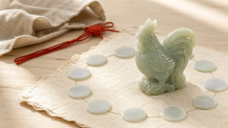 Carved jade Eastern zodiac rooster token with red cord and blank cycle markers on warm handmade paper