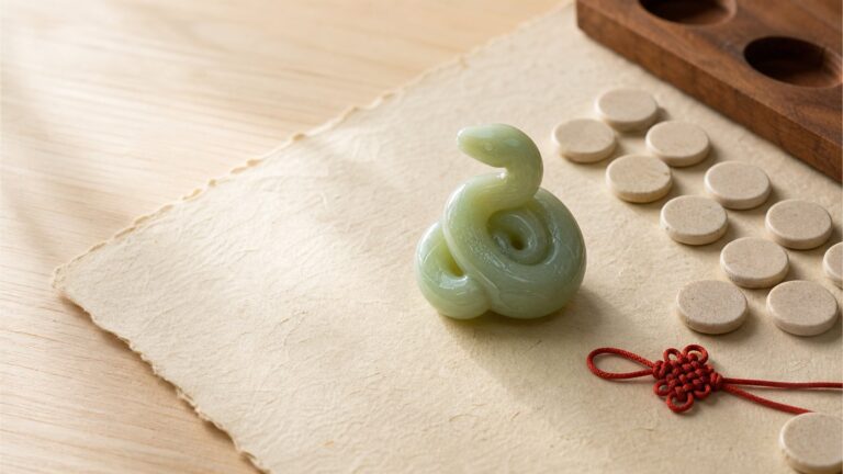Jade snake zodiac charm with blank cycle markers, red cord knot, handmade paper, and pale wood in natural light