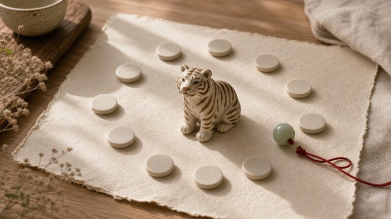 Ceramic Tiger zodiac figurine with blank zodiac cycle tokens, jade bead, red cord, handmade paper, and warm wood.